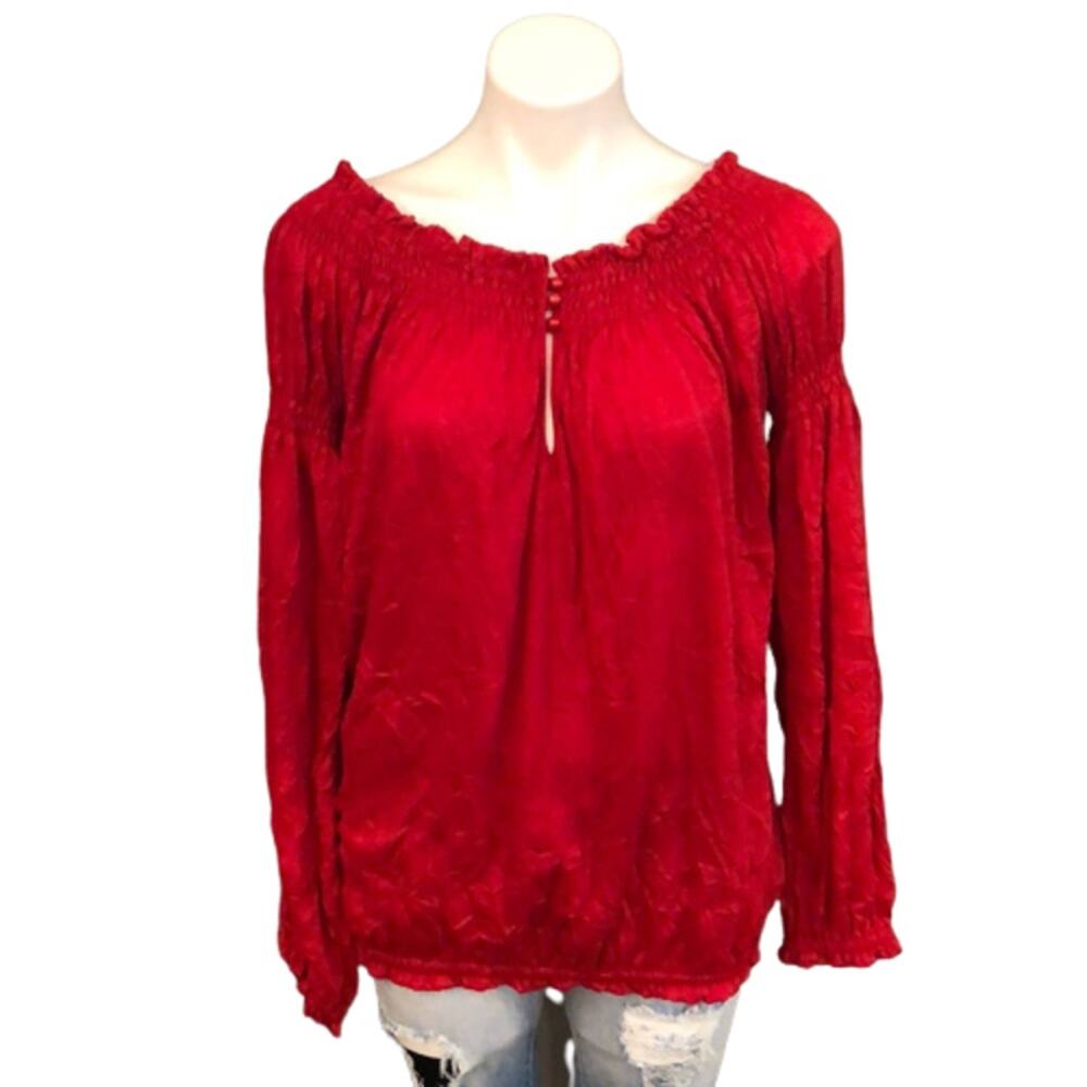 NWT Arden B Crinkle Fabric Ruched Keyhole Top
